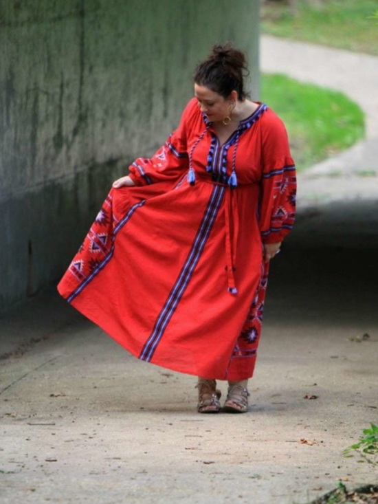 Eloquii Dresses & Skirts - Eloquii Women's Plus Size 14 Red Maxi Dress with Blue Accent Trim & Embroidery
